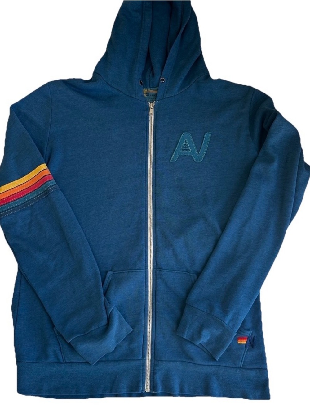 Aviator Nation Blue Zip Hoodie with Retro Sleeve Five Stripes